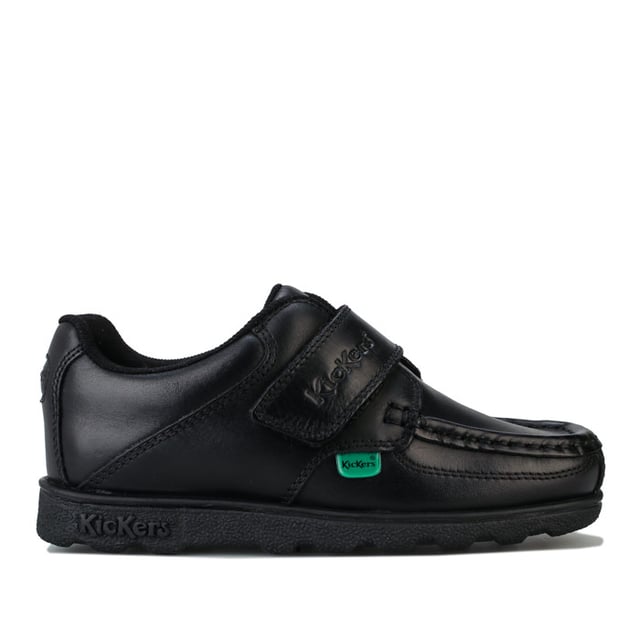 Children Boys Kickers Fragma Lo Strap Leather Shoes in Black <BR>- Hook and loop strap fastening <BR>- Padded collar <BR>- Iconic red and green branded tabs to sides <BR>- Smooth leather upper <BR>- Embossed branding <BR>- Leather Upper  Textile Lining  Synthetic Upper <BR>- Ref: 114862