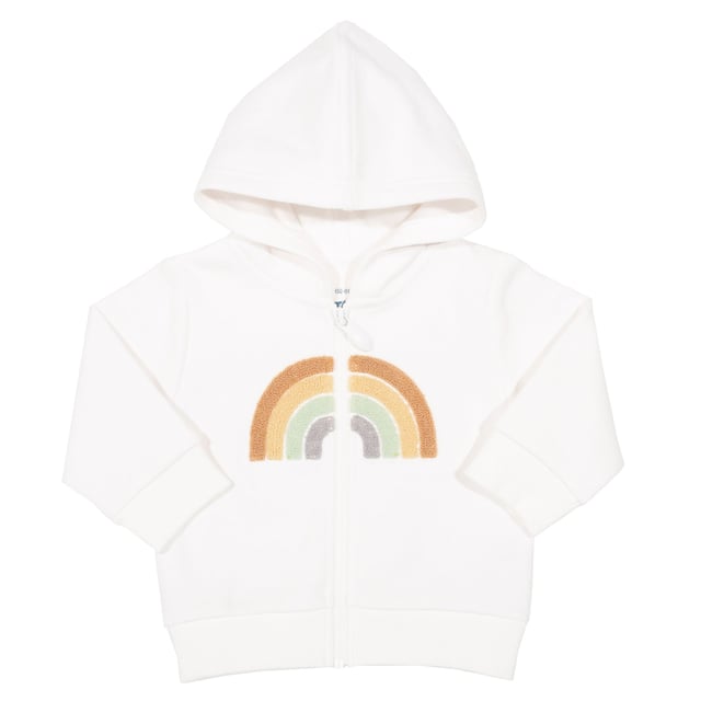 New! When cooler weather comes knocking your little one will love to throw on our rainbow hoody. This snuggly cream number is made from brushed organic cotton with a jersey lined hood for extra cosiness.