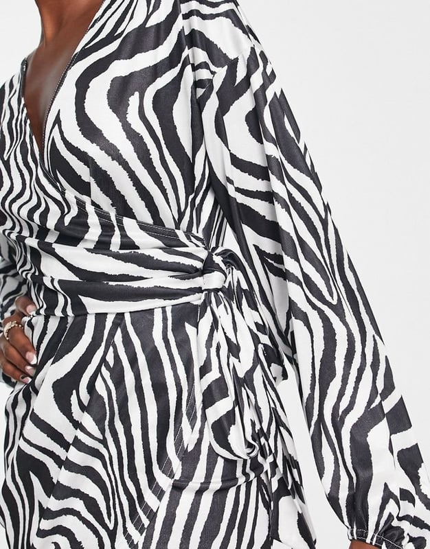ASOS DESIGN blouson sleeve slinky wrap mini dress in zebra print-Multi