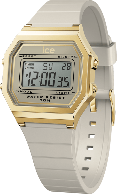 This Ice Watch Ice Digit Retro - Wind Digital Watch for Women is the perfect timepiece to wear or to gift. It's Gold  Square case combined with the comfortable Grey Silicone watch band will ensure you enjoy this stunning timepiece without any compromise. Operated by a high quality Quartz movement and water resistant to 3 bars, your watch will keep ticking. Opt for the nude trend and succumb to the beauty of the ICE digit retro - Wind. This Digital watch has a calendar function: Day-Date , Stop Watch , Dual Time , Alarm and Light High quality 19 cm length and 17 mm width Grey Silicone strap with a Buckle Case measurement: 34 X 34 mm,case thickness: 8 mm, case colour: Gold and dial colour: Grey