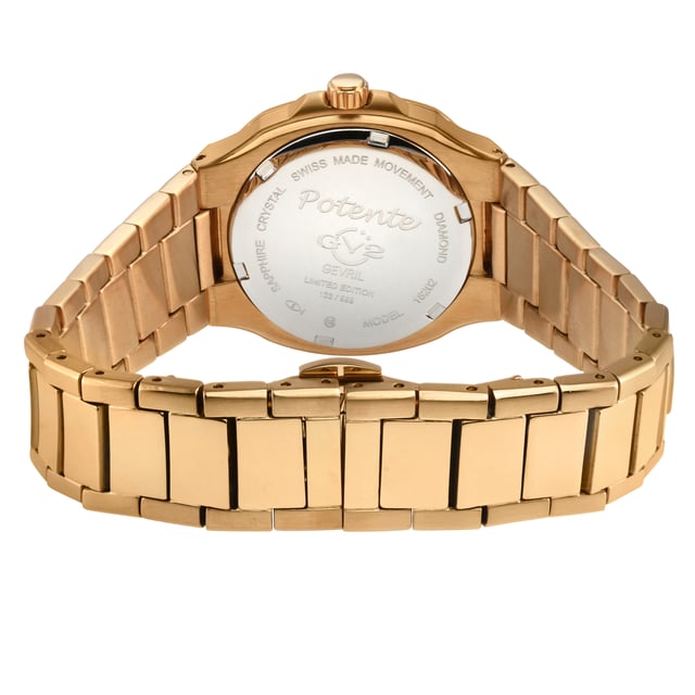 – meaning strong, powerful, solid – is a collection not for the faint of heart. With an allure that radiates the kind of power only a true lady can handle, Potente exudes undeniable strength and a divinely feminine touch.
Designed to capture the eye and command any room, the Potente Collection features an elegant mother of pearl pin cushioned textured dial surrounded by 18 brilliant diamonds, because out of great pressure
comes unmistakable beauty. The pin cushioned case and diamond cut bezel, each crafted with exemplary care, perfectly offset the classic bracelet with deployment buckle marrying ladylike and steel. With the
dynamism and stability of Swiss quartz movement, this watch is a tour de force.
The Potente Lady Collection is an unwavering masterpiece to behold. Don’t settle for anything less. Get noticed, be bold – Potente.
GV2 18202B Women's Potente Lady Swiss Diamond Watch
GV2 Women's Swiss Watch from the Potente Lady Collection
33mm 316L Stainless Steel/IPRG Pin Cushioned Case, Diamond cut Bezel
White MOP Pin Cushioned textured dial with 18 Diamonds
Push/Pull Crown
IP Rose Gold Bracelet With Deployment Buckle
Anti-reflective Sapphire Crystal
Water Resistant to 50 Meters/5ATM
Swiss Quartz Movement Ronda 763