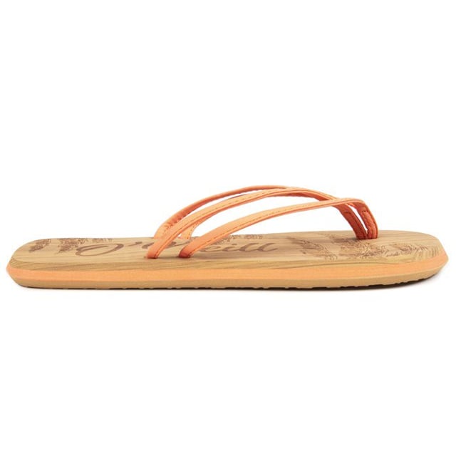 Sandalias infantiles sin cordones O'Neill Ditsy con efecto corcho en color naranja. correa de tanga suave y marca impresa en plantilla texturizada. Estas chanclas están confeccionadas con una parte superior sintética y una cómoda suela de EVA con una franja naranja.