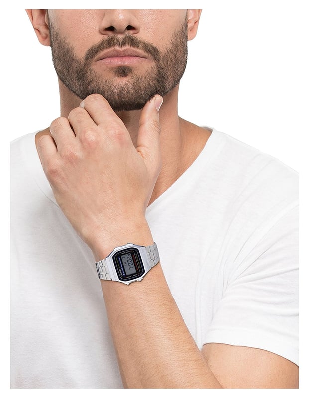 This Casio Casio Retro Digital Watch for Unisex is the perfect timepiece to wear or to gift. It's Silver  Square case combined with the comfortable Silver Stainless steel watch band will ensure you enjoy this stunning timepiece without any compromise. Operated by a high quality Quartz movement and water resistant to 3 bars, your watch will keep ticking. This is a perfect sporty and casual watch for you, it's a great gift for family or friends -The watch has a calendar function: Day-Date, Stopwatch, Alarm, Light High quality 19 cm length and 15 mm width Silver Stainless steel strap with a Fold over clasp Case diameter: 35 mm,case thickness: 9 mm, case colour: Silver and dial colour: Black