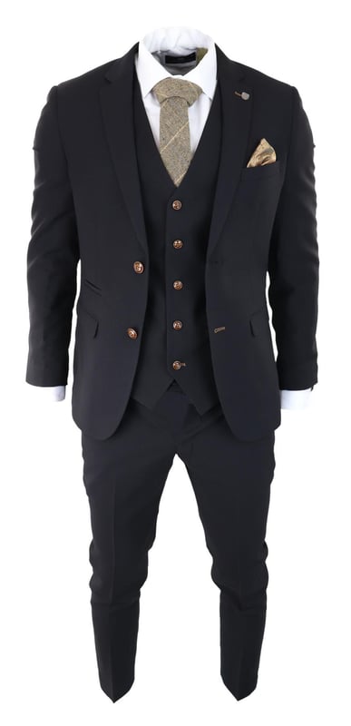 Traje negro de piezas para hombre, con ribete marrón, clásico