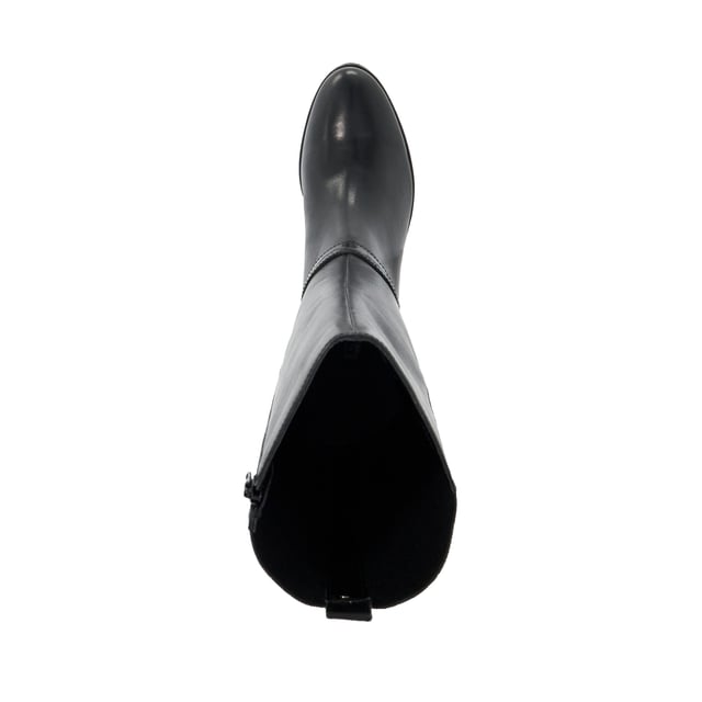 Dune Ladies Tilburies - Leather Round Toe Riding Boots This knee high boot has a curved back to accommodate your calves. It comes with an eyecatching gold zip and a chunky mid heel. Team it with skinny jeans and a baggy knit for a cosy winter look.