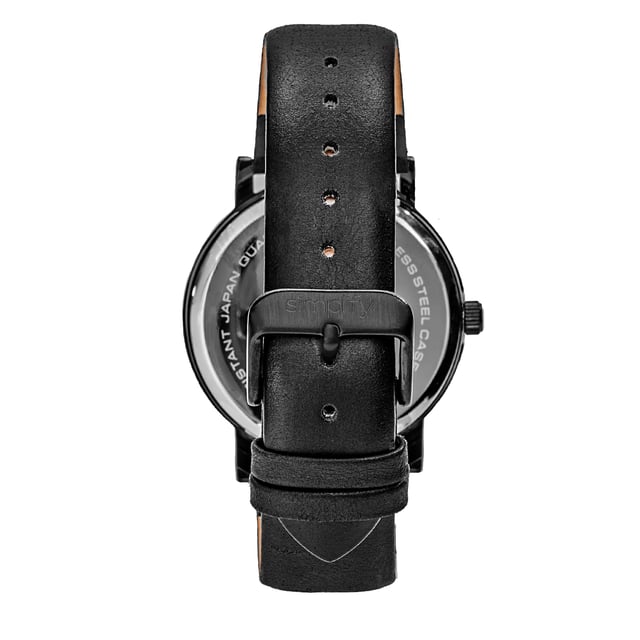 Polished Alloy Case; Quartz Movement; Non-Glare Scratch-Resistant Mineral Crystal; Upper Display is Hour; Middle Display is Seconds; Lower Display is Minutes; Logo-Engraved Stainless Steel Caseback; Genuine Leather Strap; Logo-Engraved Stainless Steel Clasp; 40mm Case Diameter; 3ATM Water Resistance;