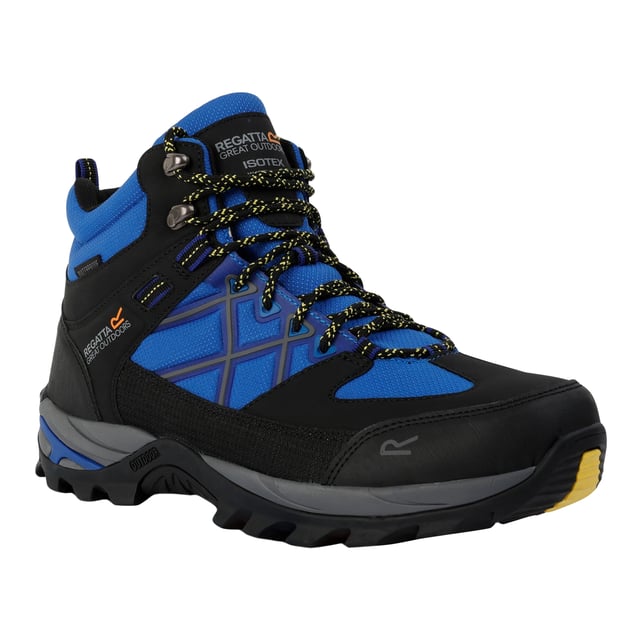 Regatta Mens Samaris III Walking Boots (Oxford Blue/Black) Upper: Durable, Polyester, PU (Polyurethane), Synthetic. Insole: TECFOAM. Midsole: EVA (Ethyl Vinyl Acetate), Lightweight, Shock Absorbing. Outsole: Rubber, Traction Grip. 8 Eyelets. Fabric Technology: Breathable, Hardwearing, Isotex, Water Repellent, Water Resistant, Waterproof. Abrasion Resistant, Cushioned, Flexible, Heel Bumpers, Moulded Collar, Pull Tab, Scuff Guards, Toe Cap. Flat Heel. Cut: Mid Cut. Design: Contrast Detail, Logo, Text. Toe Style: Round. Fastening: Ghillie Lacing.