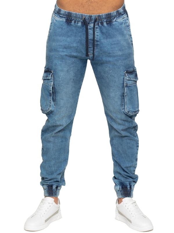 Enzo Herren Stretch-Jeans mit elastischem Bund und Bündchen. Verfügt über ein 5-Pocket-Design mit 2 Einschubtaschen, 1 Gesäßtasche, und 2 Vordertaschen mit aufgesetzten Taschen und Klettverschluss. Elastischer Bund mit verstellbaren Zugbändern. Schnitt- und Nähte-Design am Bein. Bündchen am Knöchel.