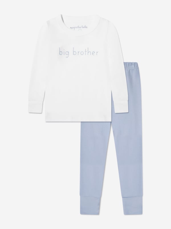 Magnolia Baby incorporate fine detailing and impeccable construction into their beautiful aesthetics. This baby boys blue pyjama set captures the label's distinctive high quality. Both presented in Pima cotton. The top features blue stitched 'Big Brother' detail whilst the leggings come with an elasticated waistband.  Two Piece Set  Top: Long Sleeves, Ribbed Trims Leggings: Ribbed Cuffs  100% Pima Cotton