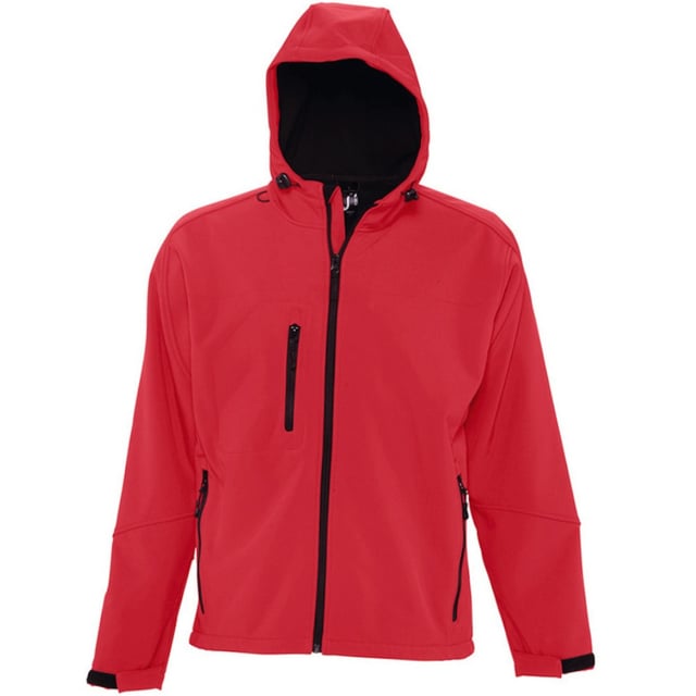 Breathable, windproof and water resistant. Taped neckline. Hood with adjustable drawcord. Collar high full zip with inner storm flap and chin guard. Two front zip pockets and one right chest zip pocket. Tear release adjustable cuffs. Adjustable drawcord at hem. Drop tail. Access for decoration. Material: Stretch soft shell fabric has a 94% polyester/6% elastane outer, membrane and polyester fleece backing. Chest (to fit): XS(35/36), S(36/38), M(38/40), L(41/42), XL(43/44), XXL(45/47), 3XL(47/49).