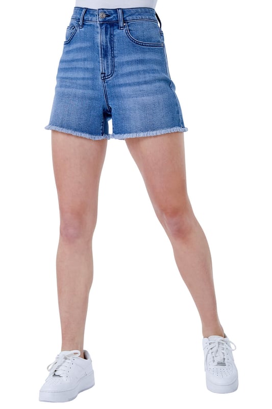 Frayed Hem Denim Shorts from Roman. Stylish yet simple, these high-waisted, denim shorts are a Summer must have! Comfort is maintained with the stretch woven fabric they are cut from, while still offering the classic denim details we love with their frayed hem and zip front fly complete with functional button. Practicality is key here too, with not only front seam pockets, but a coin pocket and back patch pockets.