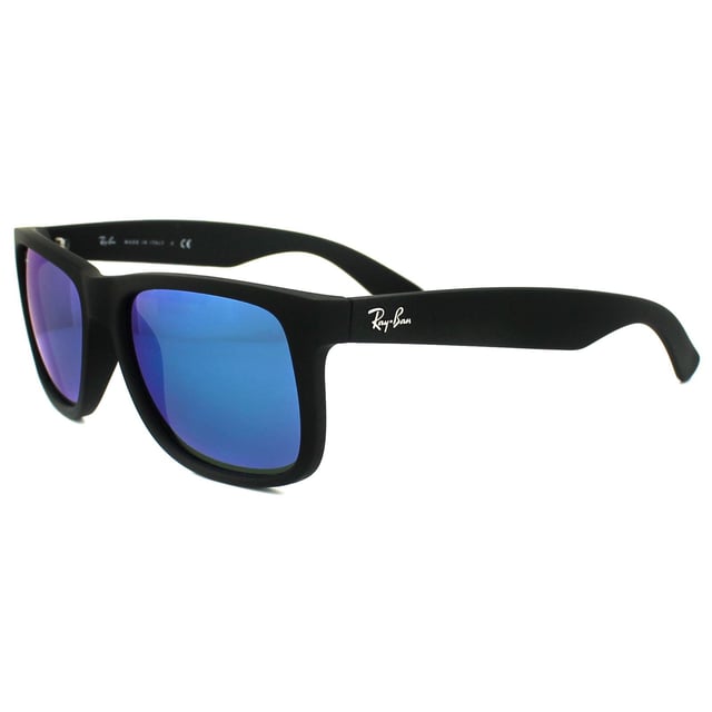 Ray-Ban Sunglasses Justin 4165 622/55 Rubber Black Blue Mirror are inspired by the Original Wayfarer 2140 and are one of the coolest designs throughout the entire Ray-Ban collection. Justin is a bold style that features large, boxy lenses that suit most face shapes and they share the same winged temples as the classic 2140. The propionate plastic frame is super lightweight for comfort and theyâ€™re available in bright, fresh colours as well as the traditional choices. The Ray-Ban Justin is part of the Highstreet collection and are therefore a more affordable choice.