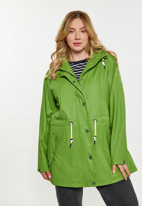 Ontdek de ultieme soepele regenjas voor je outdooravonturen. Dit stijlvolle parka-jack heeft een relaxte pasvorm, een capuchon met trekkoord en een ritssluiting aan de voorkant voor bescherming. Met een drukknoopsluiting, klepzakken en een trekkoord in de taille is hij functioneel en toch chic. Jas met hoge kraag voor extra bescherming. Gemaakt van waterdicht materiaal met gelaste naden, waterdicht tot 3000 mm. Dit artikel maakt deel uit van de Plus Size Collectie.  Ronde regenjas