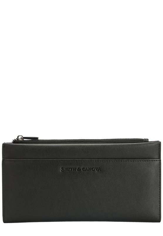 Looking for an everyday classic? Made from genuine leather with a delicate debossed logo, this minimal piece is the perfect season statement. Featuring multiple card slots keeping all your valuables are safe. Features: , Genuine Leather, Zip top, Smith & Canova debossed logo, Zip top pocket, Snap open section, Multiple card slots Style Ref: 26830 BLACK