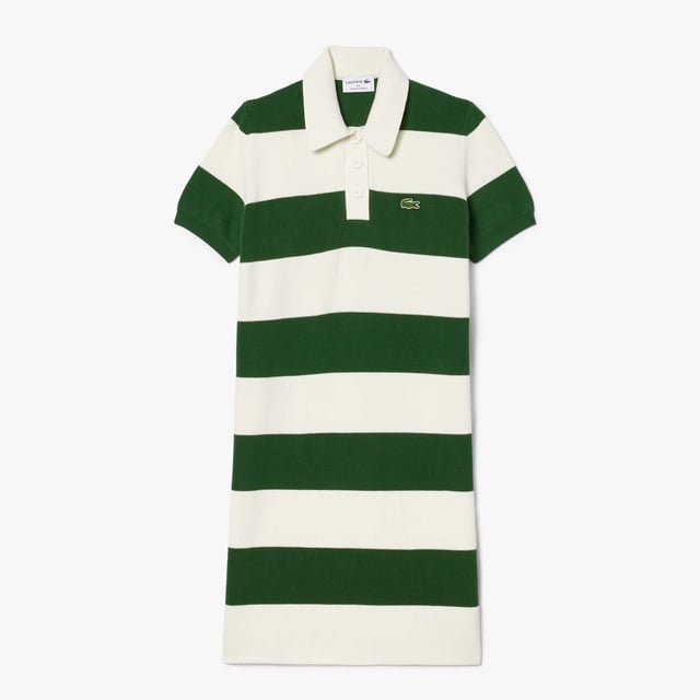 Gestreepte Lacoste French Made Polo Dress voor dames- Biologisch katoen- Geribbelde polokraag- Effen knopenlijst- 3 gumknopen- Geborduurde krokodil op borst- 100% Katoen.  Machinewasbaar - Ref: EF6919-X0N