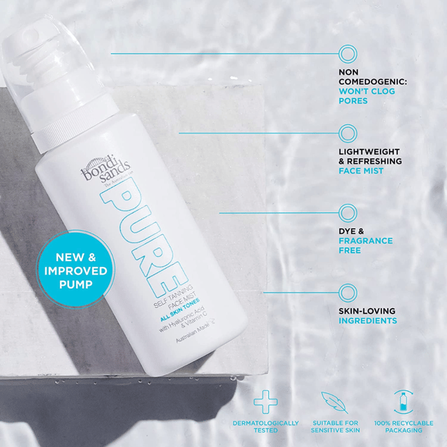 Bondi Sands The Australian Tan Pure Self Tanning Mist is an easy to use tanning mist, that delivers a brilliant golden glow, whilst also delivering Hyaluronic Acid, Vitamin C and Vitamin E. The formula is lightweight, refreshing and provides an instant burst of hydration.