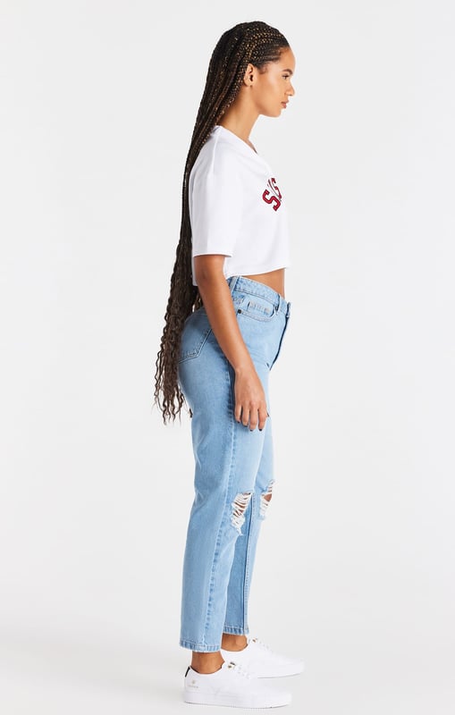 inchWhite Baseball Crop JerseyCrop fitSoft touch fabricApplique branded logoWoven badge brandingButton frontMachine wash100% PolyesterModel 5ft 7in and wears a size XS inch