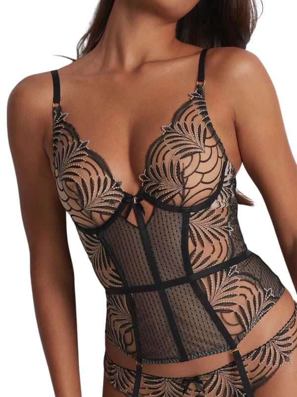 Aubade Hypolove Basque. With underwired, non padded sheer cups. Matching stockings are available. This product is recommended as hand wash only.