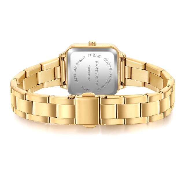 GENERAL INFORMATION:  • Targetgroup: Female  • Wristwatch: No Special Functions  • Display: analogue  • Weight of watch w/o box (gr.) - approx.: 59,0  MOVEMENT:  • Movement: Quartz  • Term of Movement: 2025  • Origin of movement: Japan  BRACELET:  • Material of bracelet/strap: Stainless steel  • Plating of bracelet/strap: Ion-Plating (IP)  • Finishing of bracelet/strap: Smooth  • Finishing/Decoration of bracelet/strap: None  • Clasp/Closure/Buckle: Security-folding clasp  • Color of bracelet/strap: Yellowgold  • Length of bracelet/strap (mm) approx.: 210,0  • Width of bracelet/strap (mm) approx.: 13,8  • Style/Design of bracelet/strap: Link bracelet  • Bracelet/strap adjustable?: Yes  CASE:  • Shape of case: Square  • Size/Diameter of case in mm . approx.: 25,0 x 32,0  • Height of case in mm: 8,1  • Case material: Metal (Alloy)  • Surface of case: Polished  • Bezel/Topring: Fixed  • Finishing/Decoration of case: None  • Material of case back: Stainless steel  • Lock of case back: No screwed-in crown  • Color of case: Yellowgold  • Coating/Plating (Case): Ion-Plating (IP)  • Type/Form of crystal: Flat  • Material of crystal: Mineral crystal  DIAL:  • Size jewelry care cloth: Hour, Minute  • Indices: Line indices  • Material of dial: Mother of Pearl (MOP)  • Structure/pattern of dial: Flat  • Color of dial: Gold-colored  PUSHER, CROWN, HAND:  • Pusher: None  • Corrector: No  • Crown: No screwed-in crown  • Type of hands: Pole hand  • Luminescent (hands): No  PACKAGING & SCOPE OF DELIVERY:  • Box: Yes  • Service booklet: Yes  • Manual: Yes