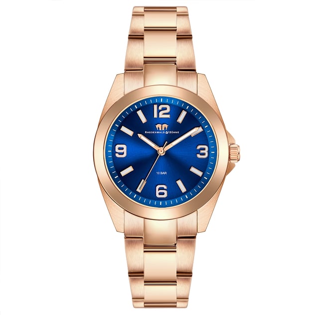 If you love women's watches with a timeless design in connection with your own character and excellent quality, this model of the Rhodenwald & Sons brand is the perfect choice. The watch manufacturer stands for stylish and sustainable masterpieces for all generations: the timepiece inspires watch lovers with a tidy dial, subtle line indices, Arabic numbers, minute and luminiscant staff. The robust stainless steel housing and a suitable limb strap - both made of rose gold -shaped stainless steel - form a feminine contrast to the dark dial. A precise quartz clock, a screwed housing floor and waterproof up to 10 ATM complete the exclusive equipment concept.