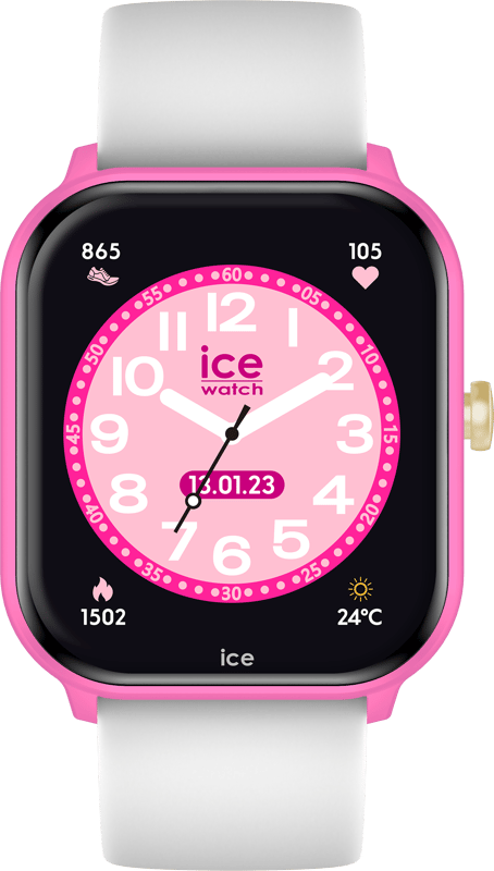 This Ice Watch Ice Smart Junior 2.0 - Flashy Pink - White Digital Watch for Girls is the perfect timepiece to wear or to gift. It's Pink  Rectangular case combined with the comfortable White Silicone watch band will ensure you enjoy this stunning timepiece without any compromise. Operated by a high quality Quartz movement and water resistant to 5 bars, your watch will keep ticking. Kids can wear the same watch as mum or dad with the ICE smart junior 2.0! This connected watch, perfecy in sync with trends and DNA of the Ice-Watch brand, will really impress children aged between 6 and 12. This Digital watch has a Calendar function: Day-Date , Bluetooth , Stop Watch , Timer , Heart rate monitor and Alarm High quality 20 cm length and 21 mm width White Silicone strap with a Buckle Case measurement: 35 X 41 mm,case thickness: 11 mm, case colour: Pink and dial colour: Pink