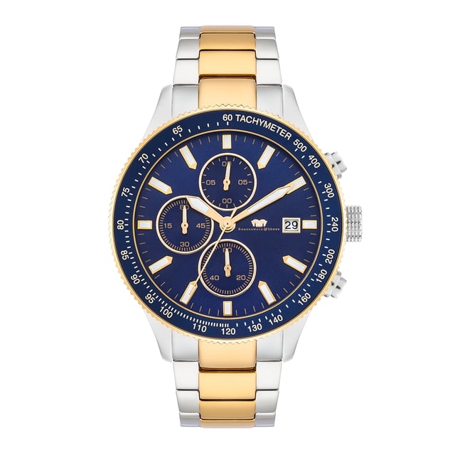 With the date, stopwatch, 3 auxiliary dials and rotatable bezel with tachymeter, the RHODENWALD & SOHN clock manufacturer combines the most popular chronograph highlights in a modern timer. The robust bicolor-steel case with partial IP coating in yellow gold enthusiastically enthusiastically with the classic tricompax arrangement of the totalists, combined with subtle line indices and luminic arrow pointers The exclusive design is rounded off by a bicolor structure bracelet made of stainless steel with practical safety folding. The interior even meets high demands: a high -quality quartz train ensures the best precision.