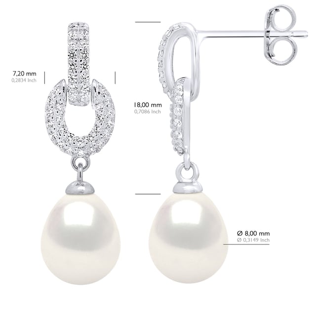 Hanging Earrings Real Cultured Freshwater Pearls Pear 8-9 mm - COLOR NATURAL WHITE - Paving White Cubic Zirconia - Butterfly Clasp - Silver 925 Rhodium plated - Delivered with Certificate of Authenticity and International Guarantee - MANUFACTURED BY OUR FRENCH JEWELERS