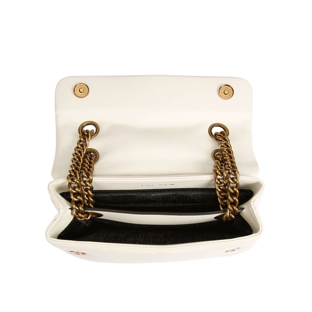 KGL Kew Bag is a white, leather bag featuring a brass jewelled eagle and chain straps, with an option of cross body or shoulder wear.