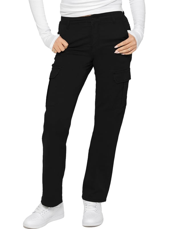 Enzo Women's Stretch Cargo Denim Jeans feature a straight-leg, regular fit design. They come with 2 front slash pockets, 2 side cargo pockets secured with Velcro fastening, and 2 back pockets for added convenience. The jeans have a zip fly closure and are perfect for both casual wear and workwear.