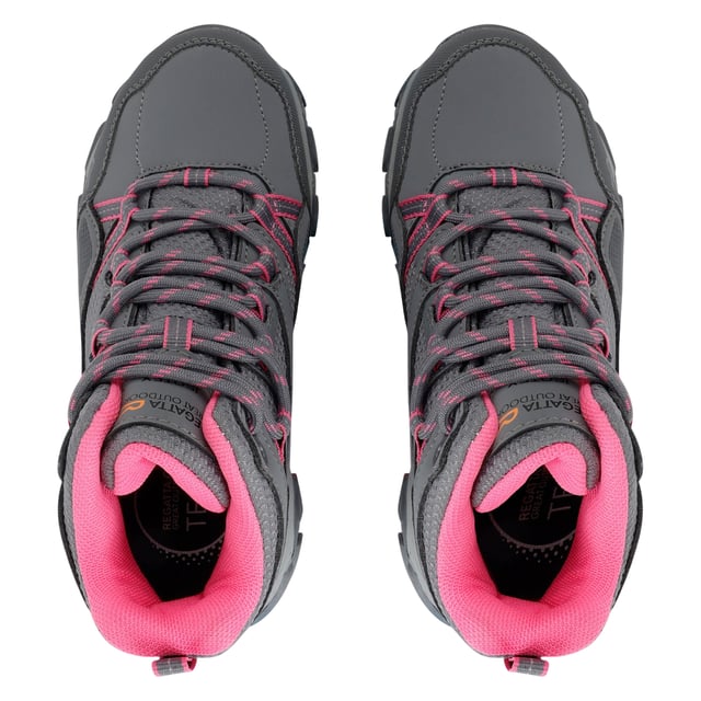 Regatta Childrens/Kids Holcombe III Walking Boots (Steel/Tulip) Upper: Durable, Synthetic, Water Resistant. Fabric: TECFOAM. Insole: Isotex Membrane, Synthetic. Midsole: XLT. Outsole: Duo Grip, Stability Plates, Synthetic. Fabric Technology: Breathable, Isotex, Waterproof. Covered Vamp, Foam Collar, Padded Tongue, Pull Tab. Flat. Cut: Ankle. Design: Contrast, Logo, Printed, Text. Toe Style: Cap. Fastening: Lace Up, Slip-In.