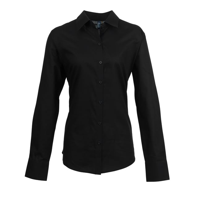 Ladies signature Oxford long sleeve Easycare blouse with wrinkle free finish for a smart and professional appearance. Soft collar styling. Rounded bottom hem. Fitted styling with bust and back darts. Pearlised buttons on light blue and white shirt, self c. Fabric:70% Cotton, 30% Polyester, cotton rich Oxford weave Weight: 135gsm. 8, 10, 12, 14, 16, 18, 20, 22, 24