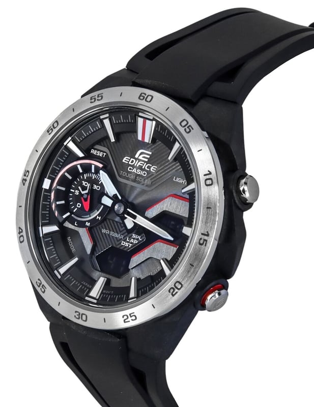 This Casio Edifice Analogue-Digital Watch for Men is the perfect timepiece to wear or to gift. It's Black 44 mm Round case combined with the comfortable Black Plastic watch band will ensure you enjoy this stunning timepiece without any compromise. Operated by a high quality Quartz movement and water resistant to 10 bars, your watch will keep ticking. This sporty and trendy watch is a perfect gift for New Year, birthday,valentine's day and so on. This Analogue-Digital watch has a Calendar function: Day-Date , Bluetooth , Solar Powered , Stop Watch , Worldtime and Countdown High quality 21 cm length and 24 mm width Black Plastic strap with a Buckle Case diameter: 44 mm,Case thickness: 12 mm, Case colour: Black and Dial colour: Black