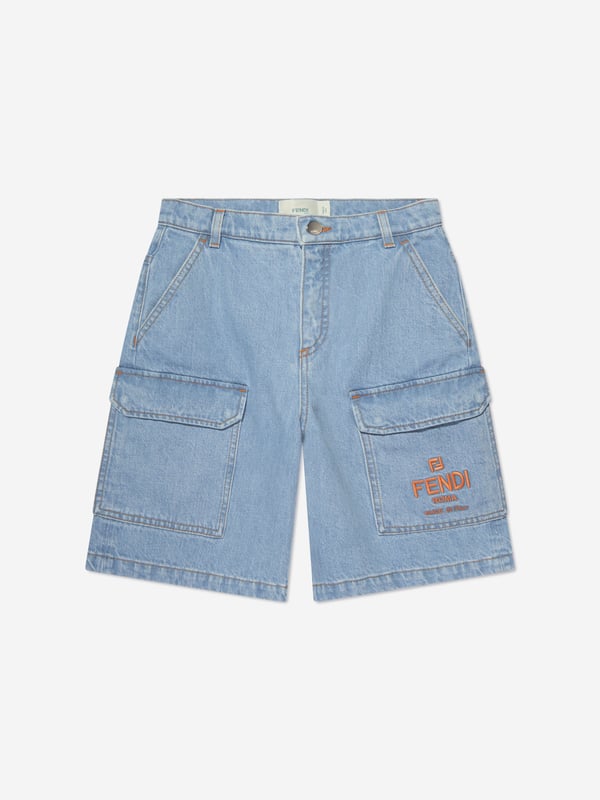 Introducing the Fendi Boys Big Pocket Logo Denim Shorts in captivating Blue! Tailor-made for your little man's chic wardrobe, this piece blends fashion with functionality. Highlighting features include:  Italian Craftsmanship: Exemplifying Fendi's unparalleled quality and precision, expertly produced in Italy for unrivalled finish and longevity. Signature Logo Print: The Fendi logo print provides a trendy, high-fashion edge, transforming these shorts into an eye-catching conversation piece. Ultimate Comfort: Manufactured with premium materials to assure softness and comfort, ideal for your boy's day-to-day exploits.Revamp your youngster's wardrobe with these signature Blue Logo Denim Shorts from Fendi. Order now, and let your young one exhibit exceptional style!