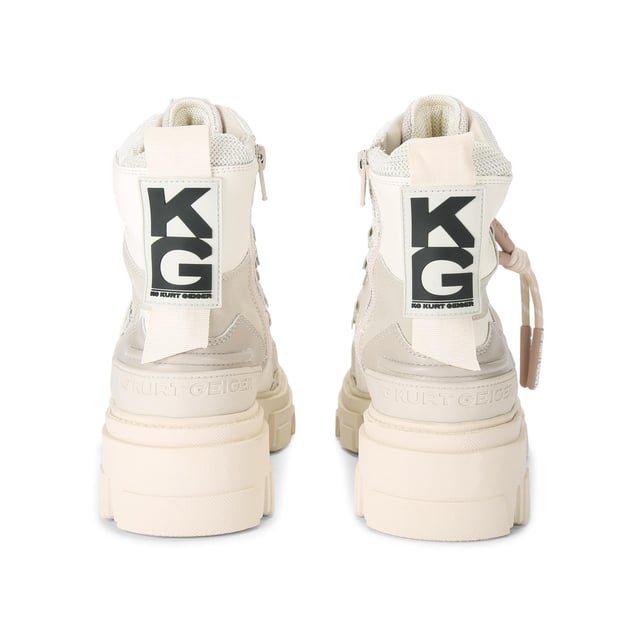 The KG Kurt Geiger Trekker Hiker boot features a bone upper with hook eyelets. There is a KG Kurt Geiger branded tab on the tongue, with a large black and white rubber branded patch at the back of the ankle. This product has undergone 167 checks to be registered with The Vegan Society.