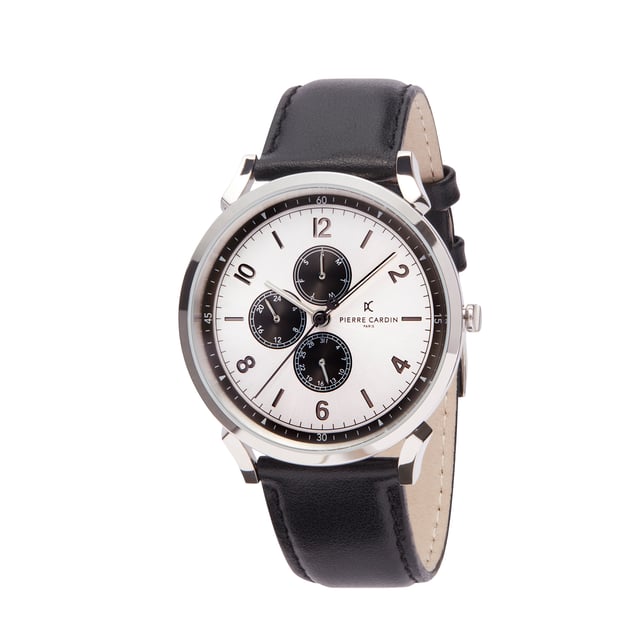 This Pierre Cardin Pigalle Nine Multi Dial Watch for Men is the perfect timepiece to wear or to gift. It's Silver 44 mm Round case combined with the comfortable Black Leather watch band will ensure you enjoy this stunning timepiece without any compromise. Operated by a high quality Quartz movement and water resistant to 3 bars, your watch will keep ticking. sport fashion design with simplicity, perfect for both indoor and outdoor activities -The watch has a calendar function: Day-Date, Luminous Hands, 24-hour Display High quality 21 cm length and  21 mm width Black Leather strap with a Buckle Case diameter: 44 mm,case thickness: 8.8 mm, case colour: Silver and dial colour: White