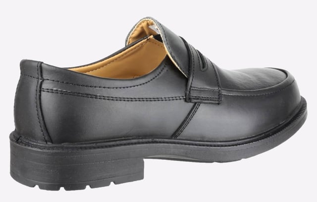 A leather slip on safety shoe with antistatic function, lightweight SRC slip resistant sole.
- Smart black leather safety shoe ideal for industrial office use- Slip-on mono-black shoe crafted with a smooth leather upper- Constructed with single density PU sole offering excellent slip resistance- Mocc front with mid leather overlay detail- Steel toe cap protection against 200 joules impact- Antistatic- Energy absorbing heel- Meets EN ISO 20345:2011 safety footwear standards- Passes SRC slip resistance standards