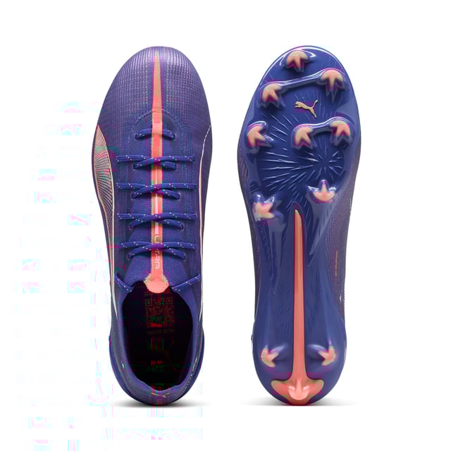 PRODUCT STORY: Fasten your seatb. . .we mean laces. With the ULTRA 5 football boot, you get the speed and sensation of a finely tuned machine at your feet. Built on engineering insights from PUMA Motorsport, the brand-new SPEEDSYSTEM outsole and FastTrax stud design are precision-engineered to take you from kick-off to back-of-the-net faster than you can say: lights out.  FEATURES & BENEFITS: ACCELERATION: The SPEEDSYSTEM outsole design combines a high-performance fibre base material with a revolutionary stud system, maximising energy return for faster acceleration; TRACTION: FastTrax stud design using insights from academic research and traction studies to provide more traction while accelerating, cutting and breaking; STABILITY: PWRTAPE SQD support frame stabilises the foot inside the boot without hindering agility or freedom of movement; The upper of this shoe is made with at least 50% recycled materials. DETAILS: Lightweight mesh upper; Lightweight removable sockliner with NanoGrip technology keeps the foot from slipping inside the boot; OrthoLite® heel cushioning for better lockdown; SPEEDSYSTEM outsole; Regular to narrow fit; Low-cut slip-on construction; FG: Suitable for use on firm ground.
