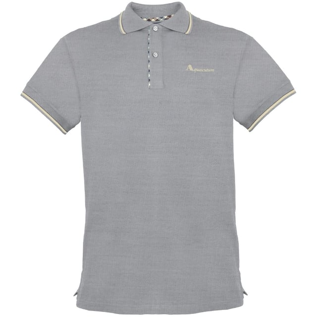 Aquascutum Tipped Collar Grå polotröja. Märkeslogotyp, korta ärmar. Stretchpassform 95% bomull 5% elastan. Normal passform, passar perfekt i storlek. QMP028 94