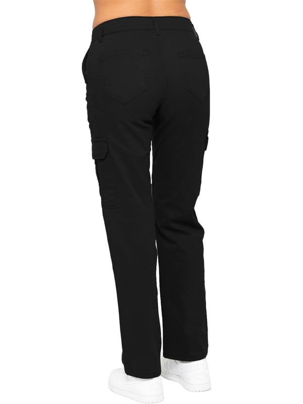 Enzo Women's Stretch Cargo Denim Jeans feature a straight-leg, regular fit design. They come with 2 front slash pockets, 2 side cargo pockets secured with Velcro fastening, and 2 back pockets for added convenience. The jeans have a zip fly closure and are perfect for both casual wear and workwear.