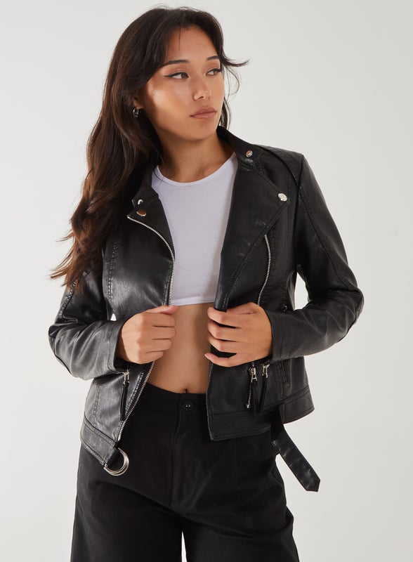 Featuring a black faux leather material and buckle detailing. Team this PU Biker Jacket with your existing wardrobe pieces for an everyday look we love.