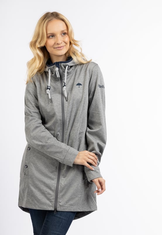 Futter: kein Futter/no lining, Füllung: keine Füllung,  Beschichtung: 100% Thermo-Polyurethan  Ein leichtes, dünnes Jersey-Material auf der Außenseite, volle Funktion in der Innenseite. Dafür sorgt eine Thermo-Polyurethan beschichtete Zwischenschicht, die die Innenseite warm und trocken hält. Ein weiterer Pluspunkt ist die sportliche Longform, die mit einem innen liegenden, elastischen Zugband auf Taille gezogen werden kann. Praktische Elemente wie die Kapuze mit Tunnelzug und Kordel, die Seitentaschen mit Druckknöpfen sowie der 2-Wege-Reißverschluss ergänzen das funktionale Design. Mit dieser Übergangsjacke sind Sie bei allen Aktivitäten an der frischen Luft bestens geschützt.  Funktionsjacke