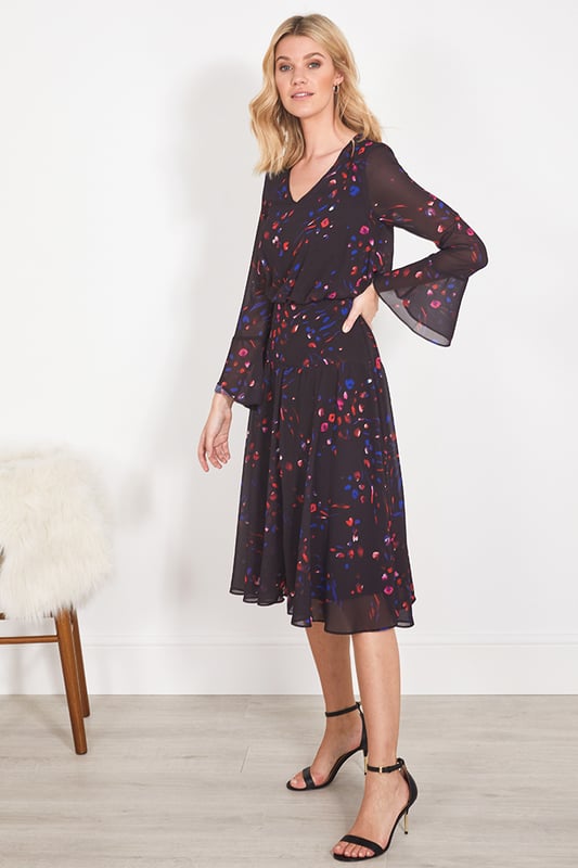 Black Abstract Printed Flared Dress for Women