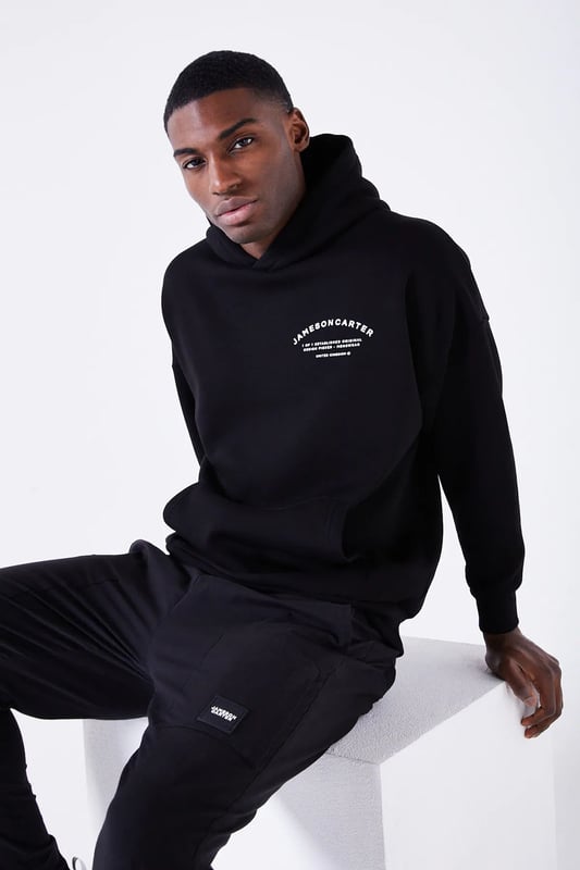 Black Louie Cotton Blend Oversized Graphic Hoodie with Kangaroo