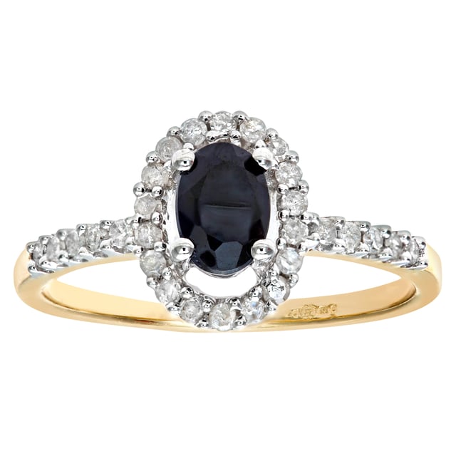 9K (375) geel goud: 2,4 gram; # Diamant: 0,23 ct; # Saffier: 0,85 ct