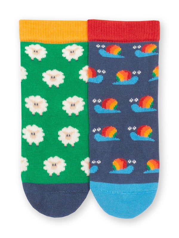 90% organic cotton 8% polyamide 2% elastane |  Proud to be certified by Control Union to the Global Organic Textile Standard (GOTS) |  Peacock green with cream sheep and navy blue with rainbow snail designs |  Two pack |  Made in Turkey |  Machine washable at 40 degrees, or at 30 degrees to be kinder to the planet