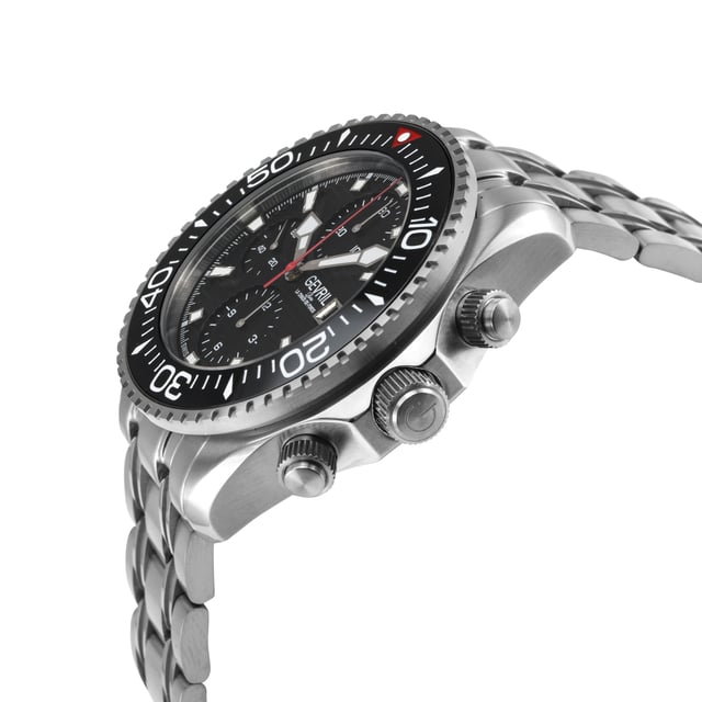 Reloj automático suizo Gevril 48810B para hombres de la colección Hudson Yards Chronograph
Caja de cronógrafo de acero inoxidable satinado y pulido de 43 mm con anillo cerámico plateado/negro, esfera negra, fecha a las 3 en punto
Bisel giratorio unidireccional, válvula de liberación de helio, marcadores luminosos
Fondo de caja transparente, corona roscada
Brazalete de acero inoxidable satinado y pulido 316L con cierre desplegable y extensión de buceo
Cristal de zafiro antirreflectante
Resistente al agua hasta 300 metros / 30 ATM
Movimiento automático suizo SW500.