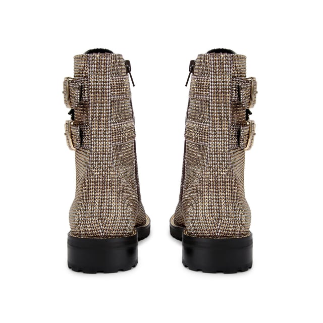 The Sutton ankle boot arrives in a beige houndstooth fabric topped with gold crystal embellishment. The front is laced up with two gold tone buckled ankle straps. Heel height: 3cm.