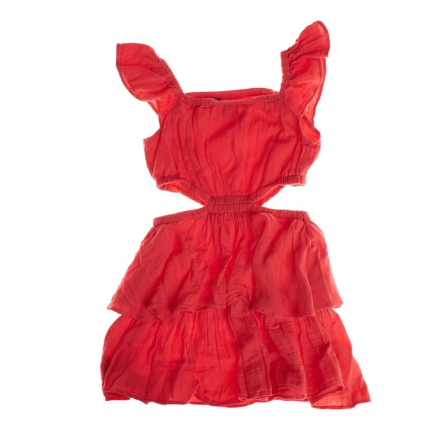 Dieses kurze Damenkleid vereint einen modernen und femininen Stil mit Details, die die Figur betonen.

 Es hat Rüschenärmel, die für einen romantischen und zarten Touch sorgen.

 Das taillierte Design verfügt über Seitenschlitze, die für einen mutigen und frischen Touch sorgen.

 Der Saum ist mit geschichteten Rüschen versehen, die einen dynamischen und bewegenden Effekt erzeugen, ideal für besondere Anlässe oder informelle Ausflüge.

 Es ist ein Kleidungsstück, das Eleganz mit einem jugendlichen und lässigen Touch vereint.
 Komposition: Außen: 56 % Baumwolle, 44 % Viskose; Innen: 100 % Baumwolle
 Pflege:
- Maschinenwäsche in kaltem Wasser und Schonwaschgang.
 - Verwenden Sie milde Reinigungsmittel.
 - Verwenden Sie einen Trockner bei niedriger Temperatur.
 - Bei niedrigen Temperaturen bügeln.
 - Reinige chemisch nicht.
