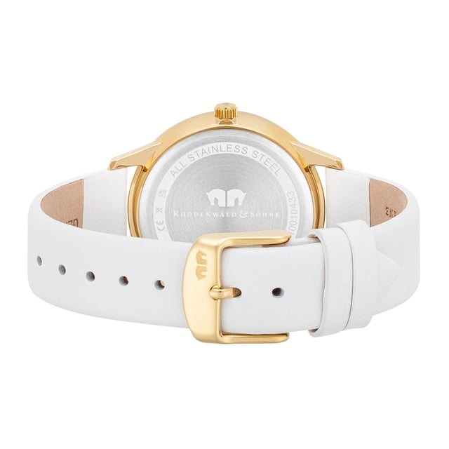 Are you looking for a women's watch that connects classic look with glamorous luxury? Then this model of the Rhodenwald & Sons label is the right choice. The clock scores with an elaborately worked, multi -layer dial, striking line indices and luminiscae. Functional highlight are auxiliary digits for the date and weekday in the Bicompax arrangement, supplemented by a moon phase display. The hard-wearing stainless steel case with IP finishing in yellow gold is decorated with crystals from Swarovski®. A simple, soft leather bracelet fits perfectly into the design and rounds off the noble overall impression.