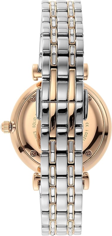 Brand: Emporio Armani
  Model number: AR11293
  Dial window material type: Scratch Resistant Mineral
  Display Type: Analog
  Clasp: Push Button Deployment Clasp
  Case material: 32 mm
  Case diameter: 32 millimeters
  Case Thickness: 7 millimeters
  Band Material: Stainless Steel set with Baguette Crystals
  Band width: 14 millimeters
  Band Color: Two-tone (Silver-tone and Rose)
  Dial color: Silver (Crystal Pave)
  Bezel material: Fixed
  Bezel function: Stationary
  Special features: Bezel Markings
  Item weight: 1.98 Ounces
  Movement: Quartz
  Water resistant depth: 50 Meters
Material: Steel